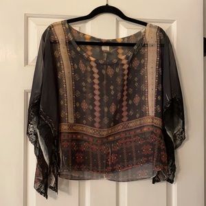 Flowy Sheer Aztec Top, Lace Trim